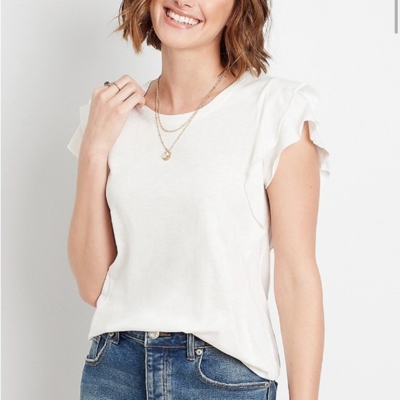 Maurices 24/7 Solid White Ruffle Sleeve Tee T-Shirt L Feminine Pretty Classic - Picture 2 of 16